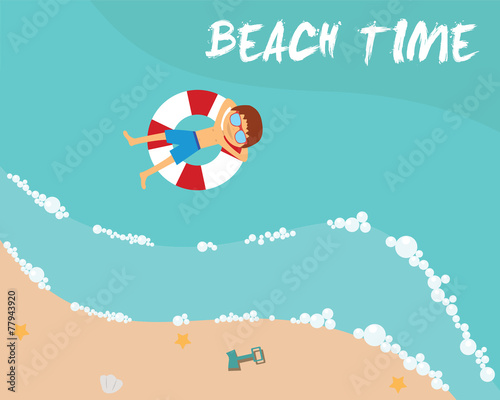 Summer beach in flat design, aerial view, sea side and umbrellas