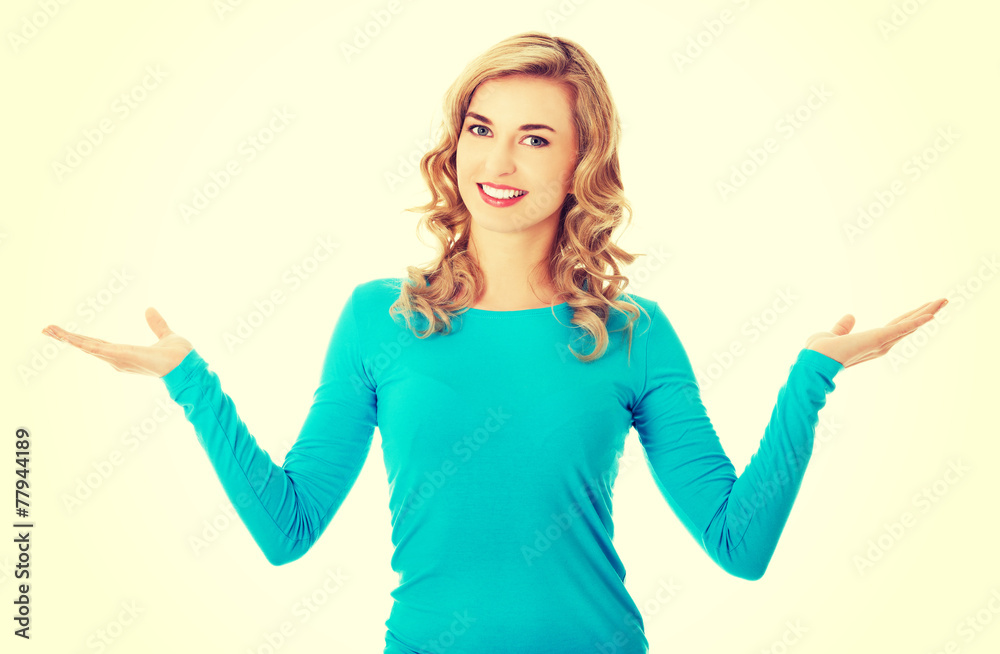 Woman showing something or copyspase