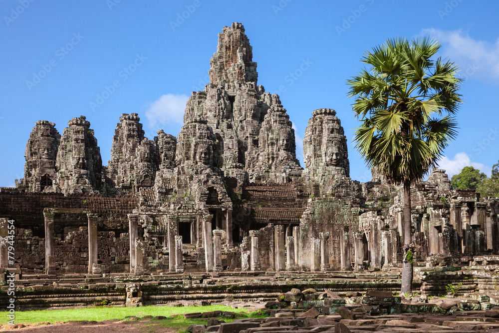 The ruins of Bayon Temple with many stone faces