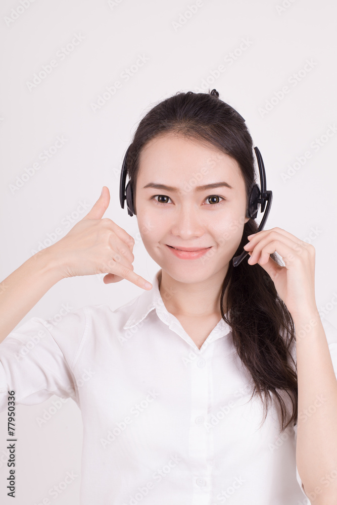 Asian women call center with phone headset with white background Asian women call center with phone headset with white background