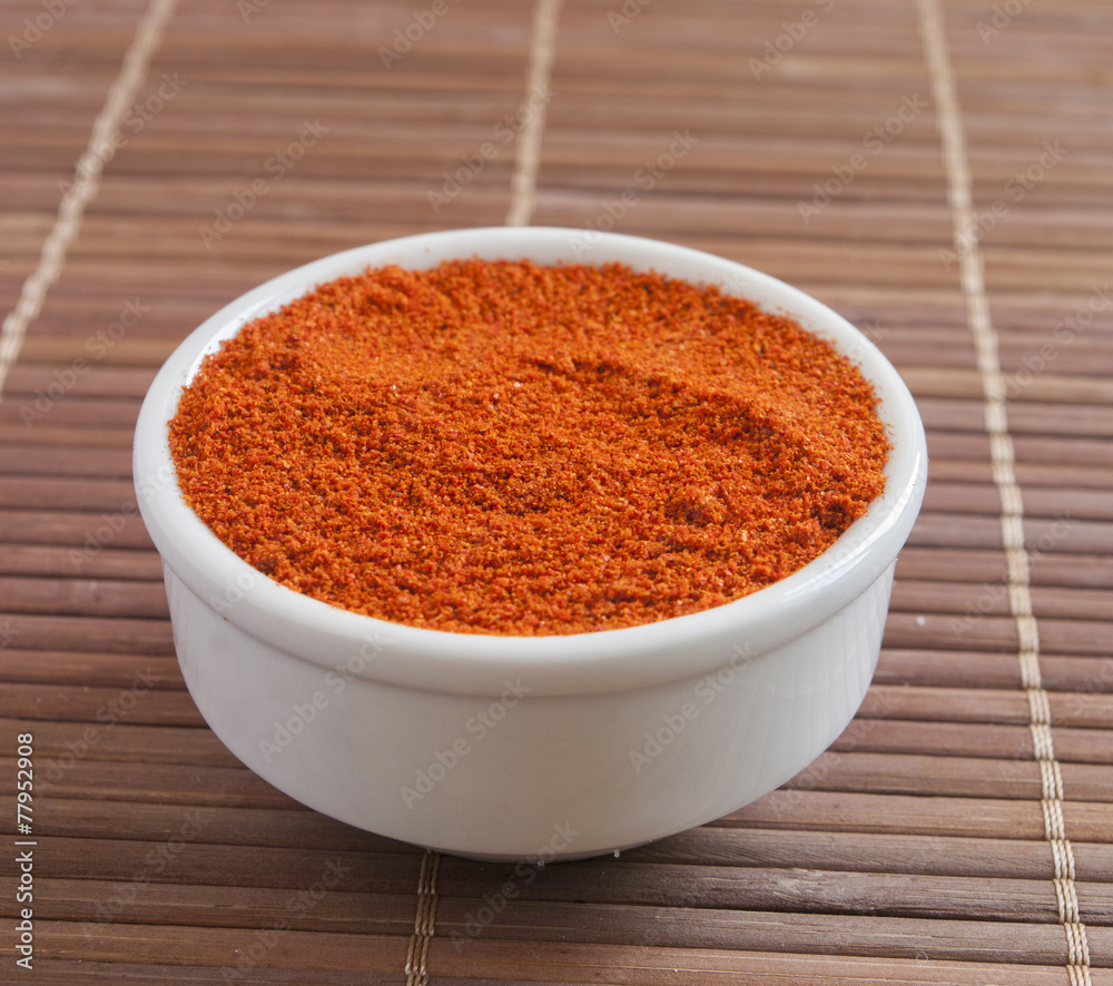 Paprika ground in a white bowl close up Paprika ground in a white bowl close up