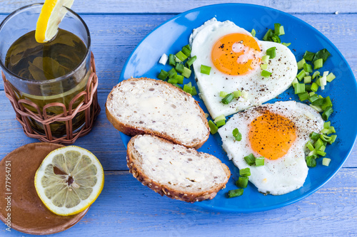 Valentines delicious breakfast fried eggs hearts