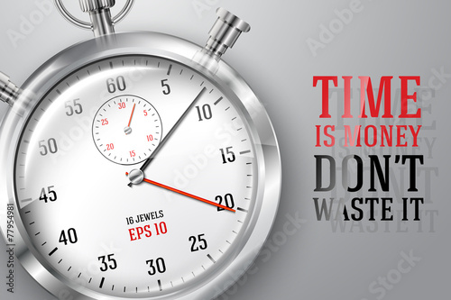 Running time concept banner with silver bright stopwatch clock