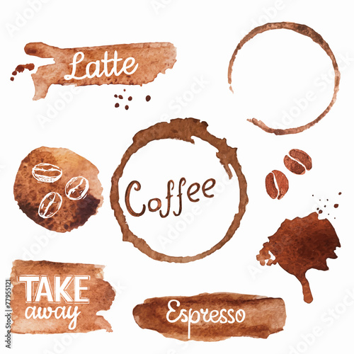 Set of vector watercolor coffe splashes, beans and stains