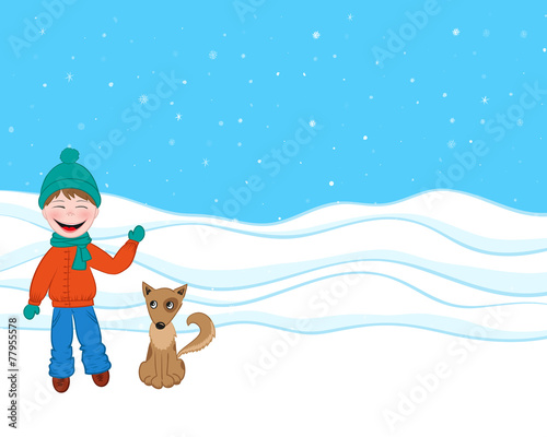 funny boy with a dog in winter