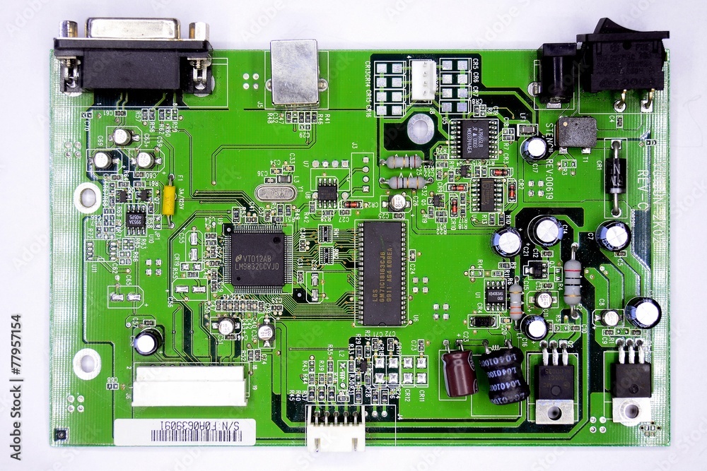 Green printed circuit board with radio parts