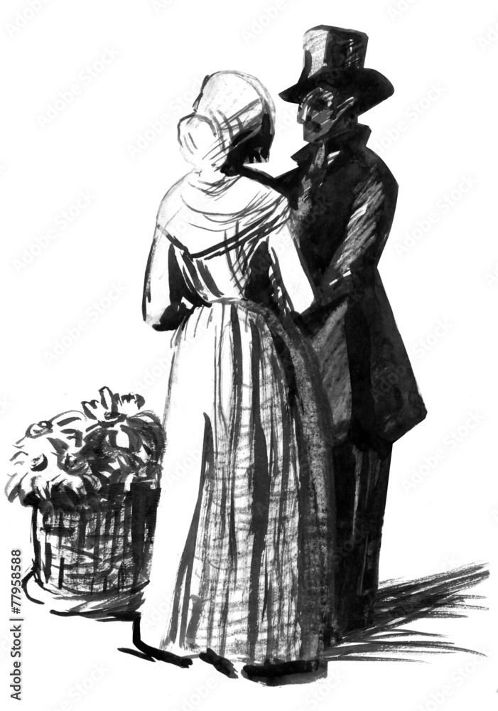 Gentlman in cylinder and lady. Illustration for Dickens novel