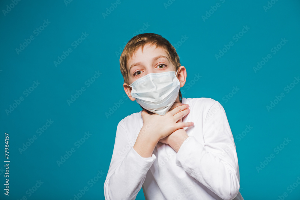 Boy wearing protection mask is short of breath