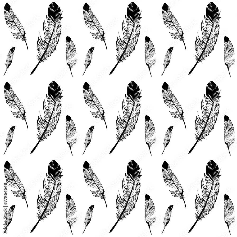 Feathers black and white graphic drawing seamless texture, artistic