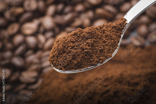 Iron spoon with coffee powder close up photo