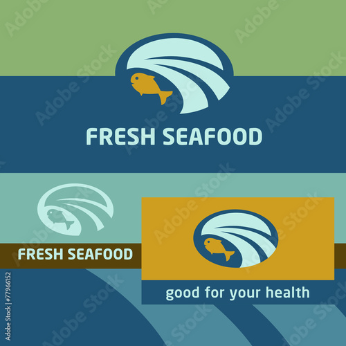 Vector background and logo label. Oceanside, landscape. Seafood
