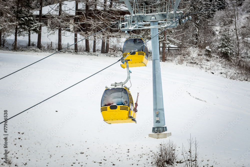 yellow cable cars on ski slope at Austrian Alps