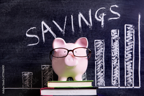 Piggy Bank piggybank wearing glasses with savings plan message and growth chart written on a blackboard or chalk board photo