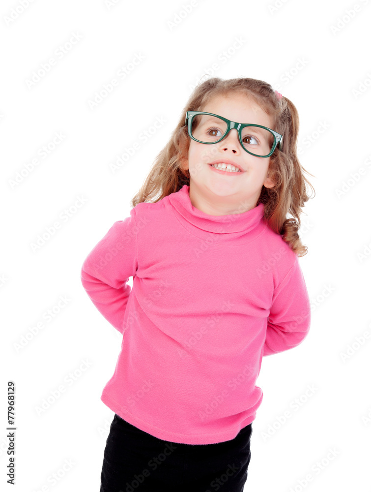 Little girl in pink with glasses looking up