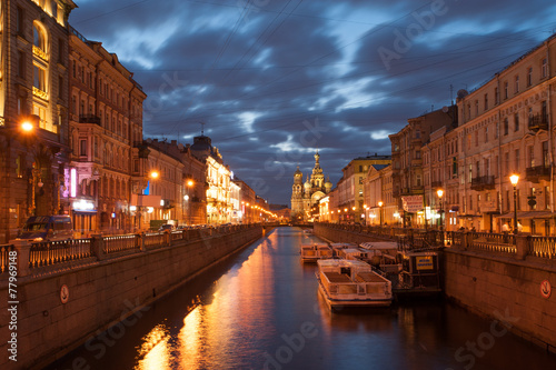 Tour boats on Griboedov canal at white nights