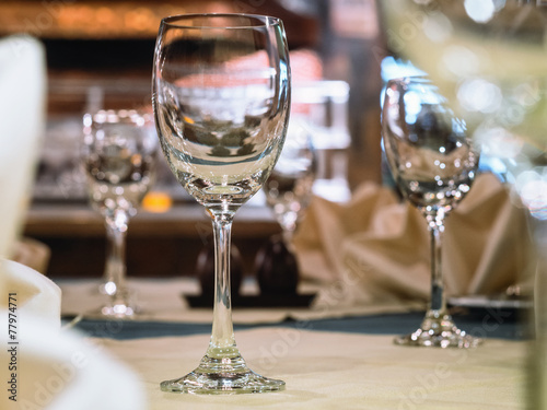 Empty glasses in restaurant, Dining Table set with Blurred Inter
