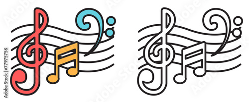 colorful and black and white music notes for coloring book