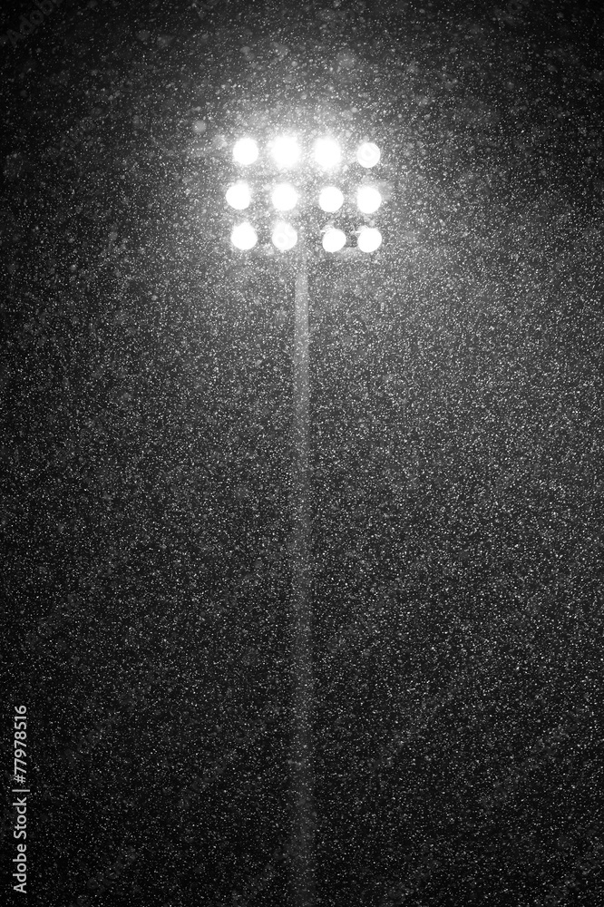 Naklejka premium The Stadium Spot-light tower during snowfall