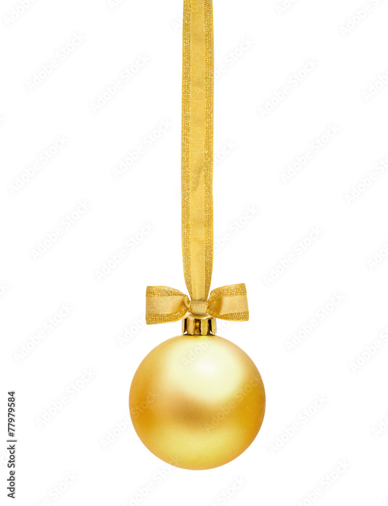 Golden Christmas sphere with ribbon and bow on the white Golden Christmas sphere with ribbon and bow on the white