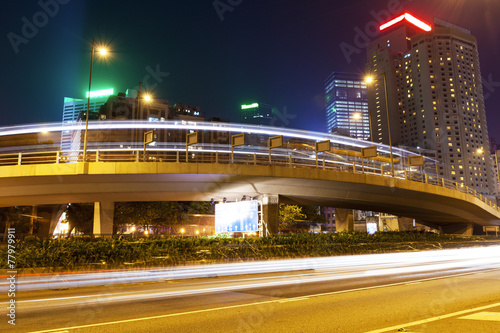 Traffic blur motion trails in modern city street at night