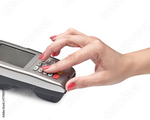 payment terminal, enter PIN on white background isolated