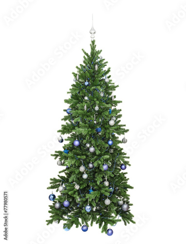 the fir-tree decorated with blue spheres, beads lamps, isolated