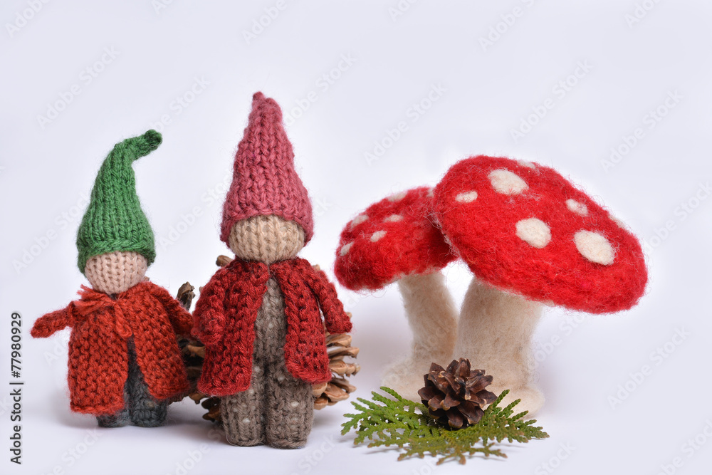 Waldorf handmade dwarfs, boy and a girl puppets and big mushrooms made by wool 