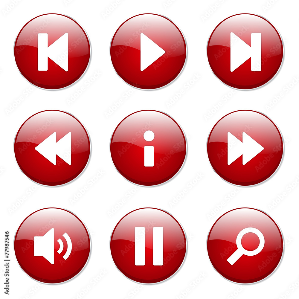Multimedia Controller Red Vector Button Icon Design Set Multimedia Controller Red Vector Button Icon Design Set