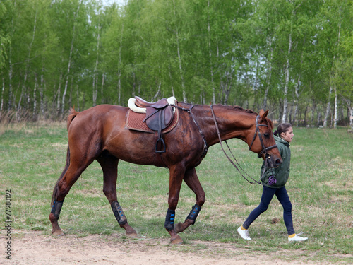 Groom girl with race horse walking © horsemen