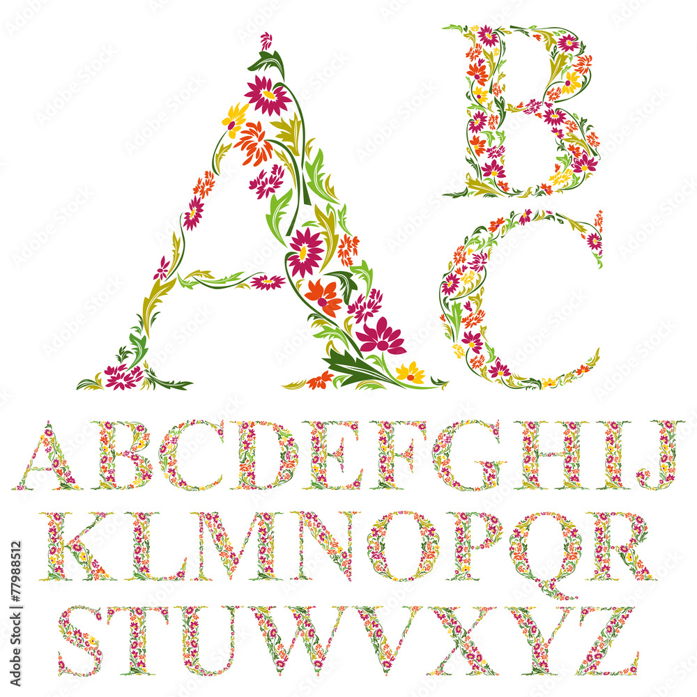 Font made with leaves, floral alphabet letters set, vector desig - obrazy, fototapety, plakaty 