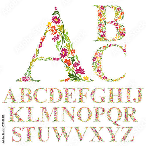 Font made with leaves, floral alphabet letters set, vector desig photo