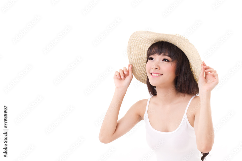 exited, happy, smiling woman looking up, isolated white backgrou