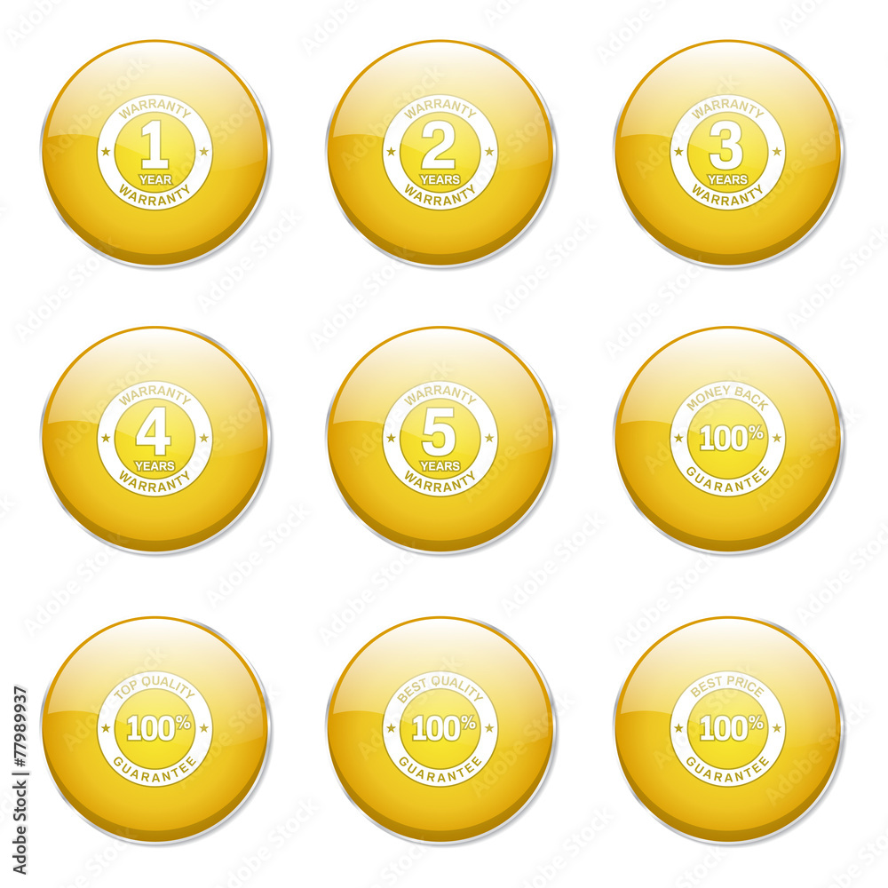Warranty Guarantee Seal Yellow Vector Button Icon Design Set