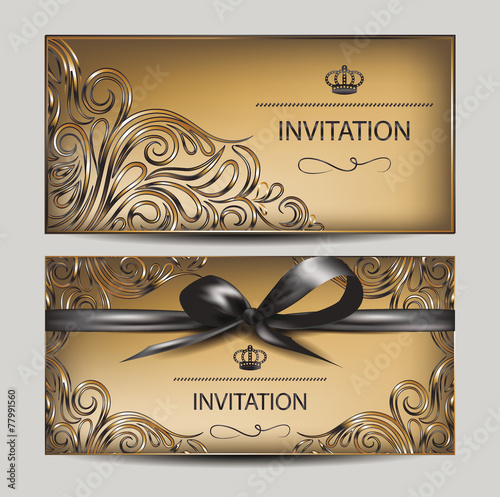 Vintage invitation cards with floral design elements and ribbon