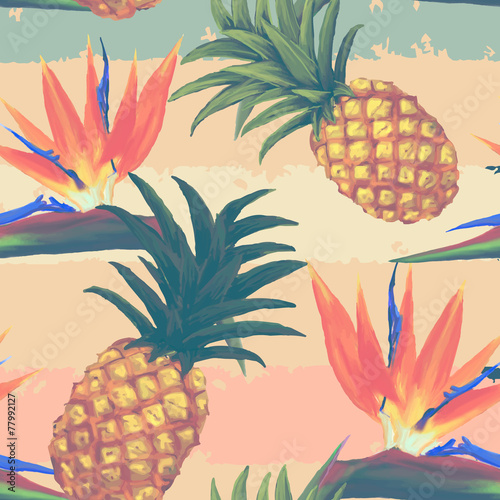 tropical exotic flowers and pineapple seamless pattern