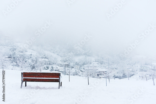 bench and snowy winter landscape photo