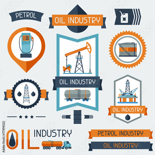 Industrial badges labels with oil and petrol icons.