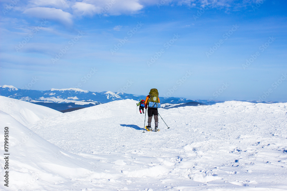 winter hiking in the mountains.