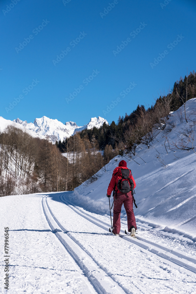 Langläufer mit verschneiten Bergen im Hintergrund