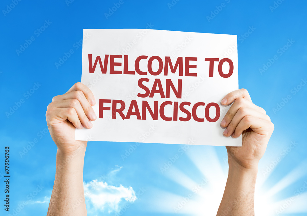 Welcome to San Francisco card with sky background Welcome to San Francisco card with sky background