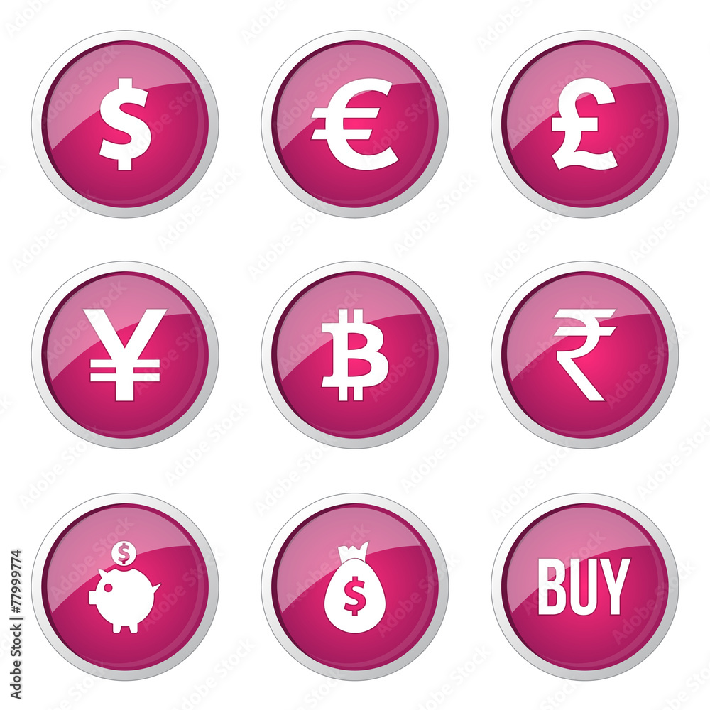 Currency Sign Pink Vector Button Icon Design Set Currency Sign Pink Vector Button Icon Design Set