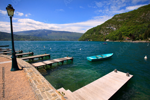 Annecy lake, wooden pontoons andlanding stage in Veyrier-du-lac.