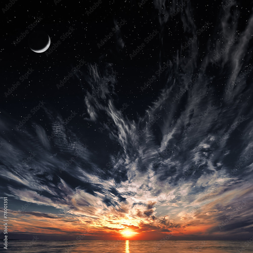 Beautiful sunset, moon and starry sky