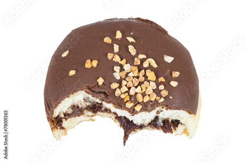 Partially eaten chocolate donut on white background