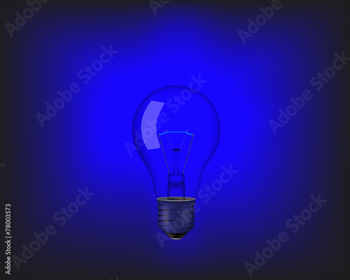 Realistic blue light bulb  shining in the dark.