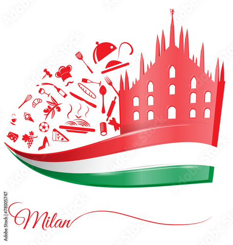 milan cathedral with food element on italian flag
