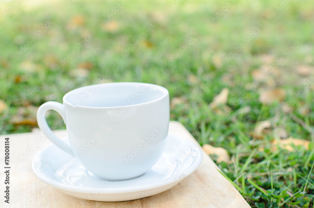 Blank coffee cup on wooden board with grass and natural light. Blank coffee cup on wooden board with grass and natural light.