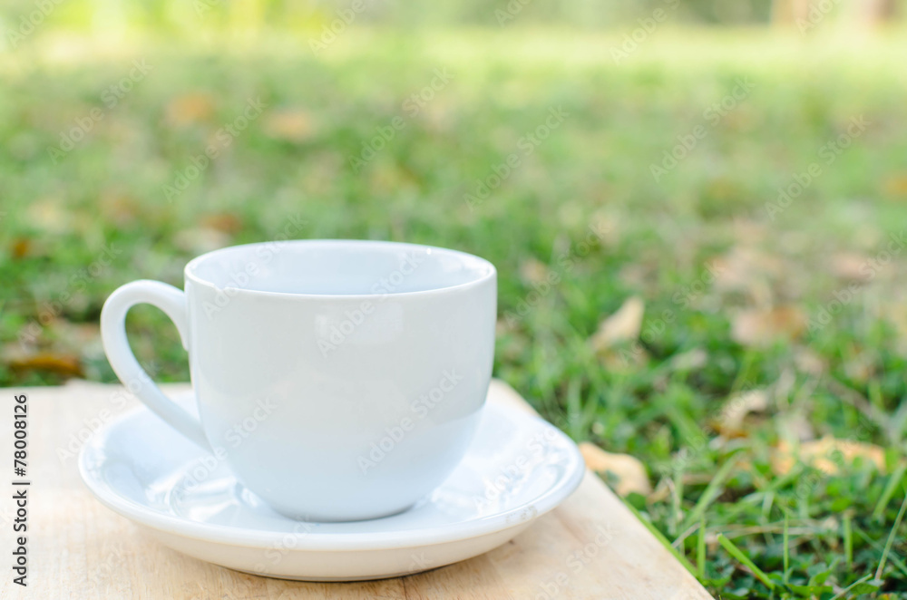 Blank coffee cup on wooden board with grass and natural light. Blank coffee cup on wooden board with grass and natural light.