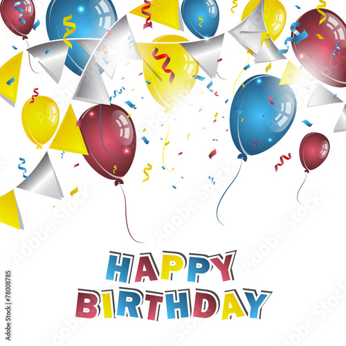 Happy birthday greeting card with confetti, balloons and ribbons