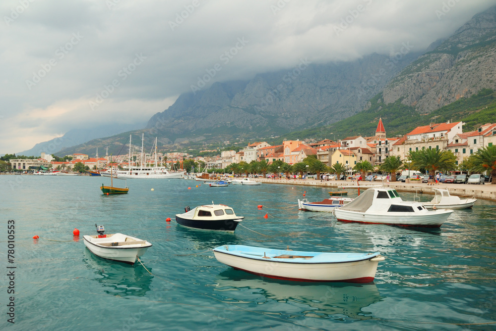 Makarska town harbor with small boats in Croatia